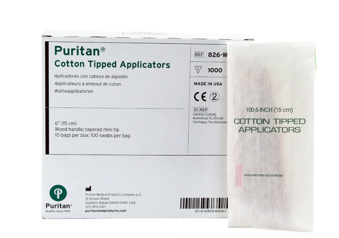 Coton-tige standard Puritan de 6 po avec manche en bois - Boite de 100 - Non-stérile